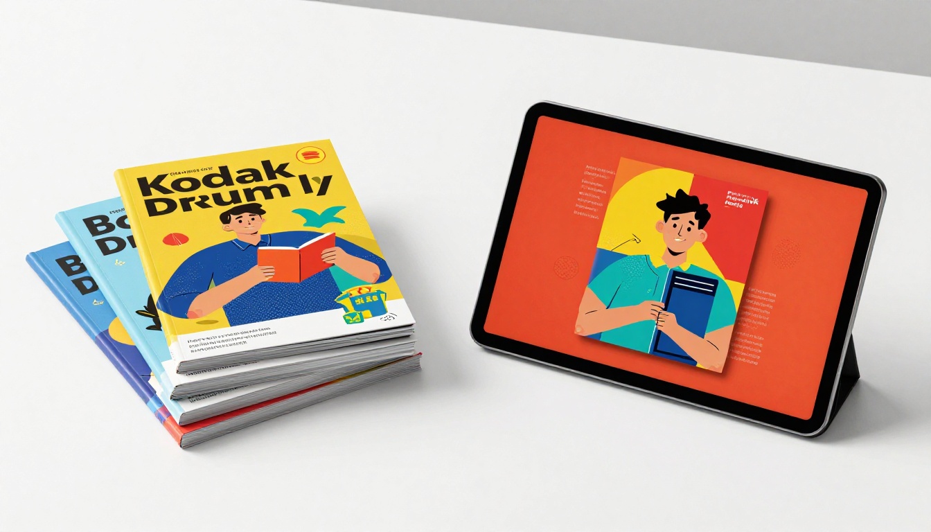 Stack of printed brochures beside a tablet displaying a vivid digital flipbook version Stack of printed brochures beside a tablet displaying a vivid digital flipbook version