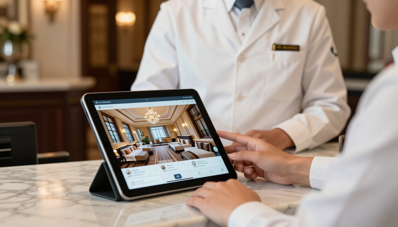 Hotel concierge presenting digital brochure to a guest at reception Hotel concierge presenting digital brochure to a guest at reception