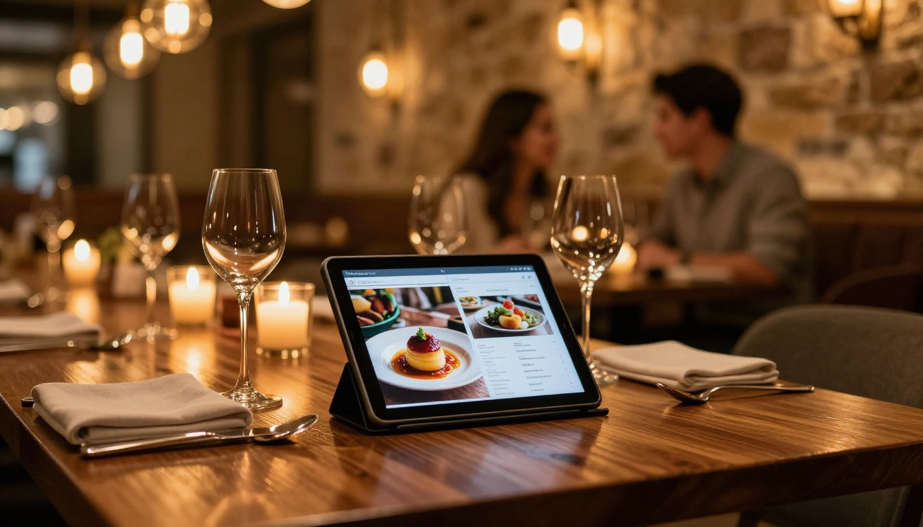 Elegant restaurant interior with a tablet mounted at the table displaying a vivid digital menu flipbook with food photography