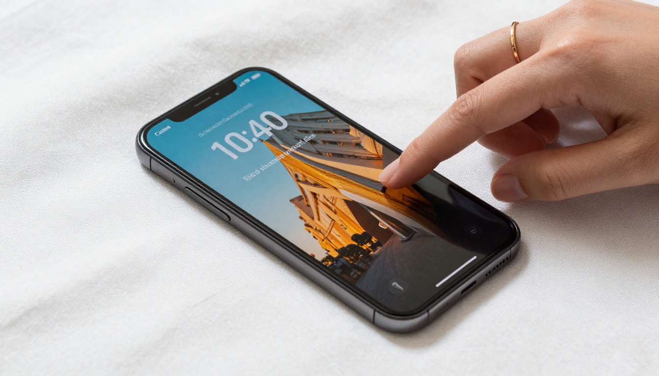 Overhead close-up of a smartphone on white linen displaying a mobile-optimized digital flipbook, hand about to swipe