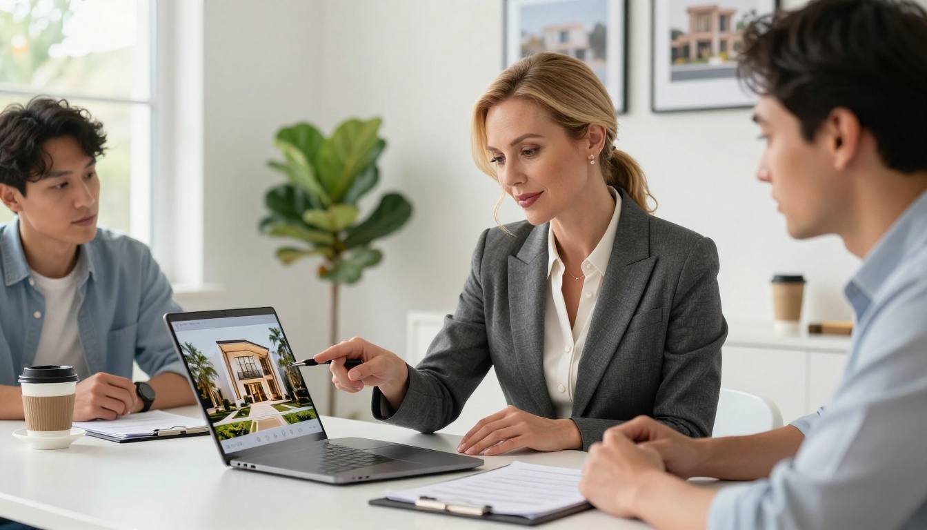 Real estate agent showing clients a property brochure flipbook on a laptop, both leaning forward in a bright modern office