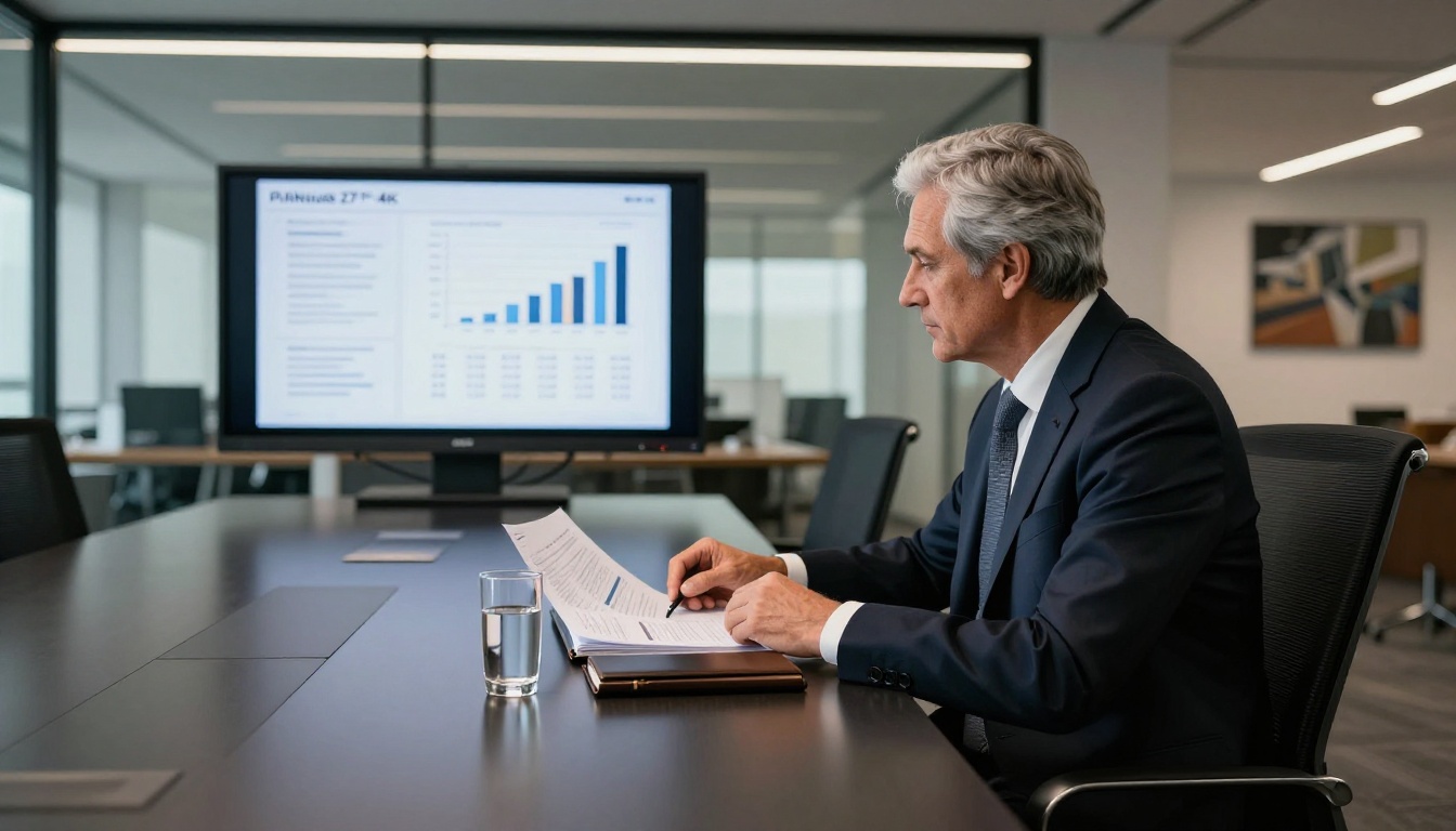 Corporate executive in a navy suit reviewing an interactive annual report flipbook on a large 4K monitor at a conference table