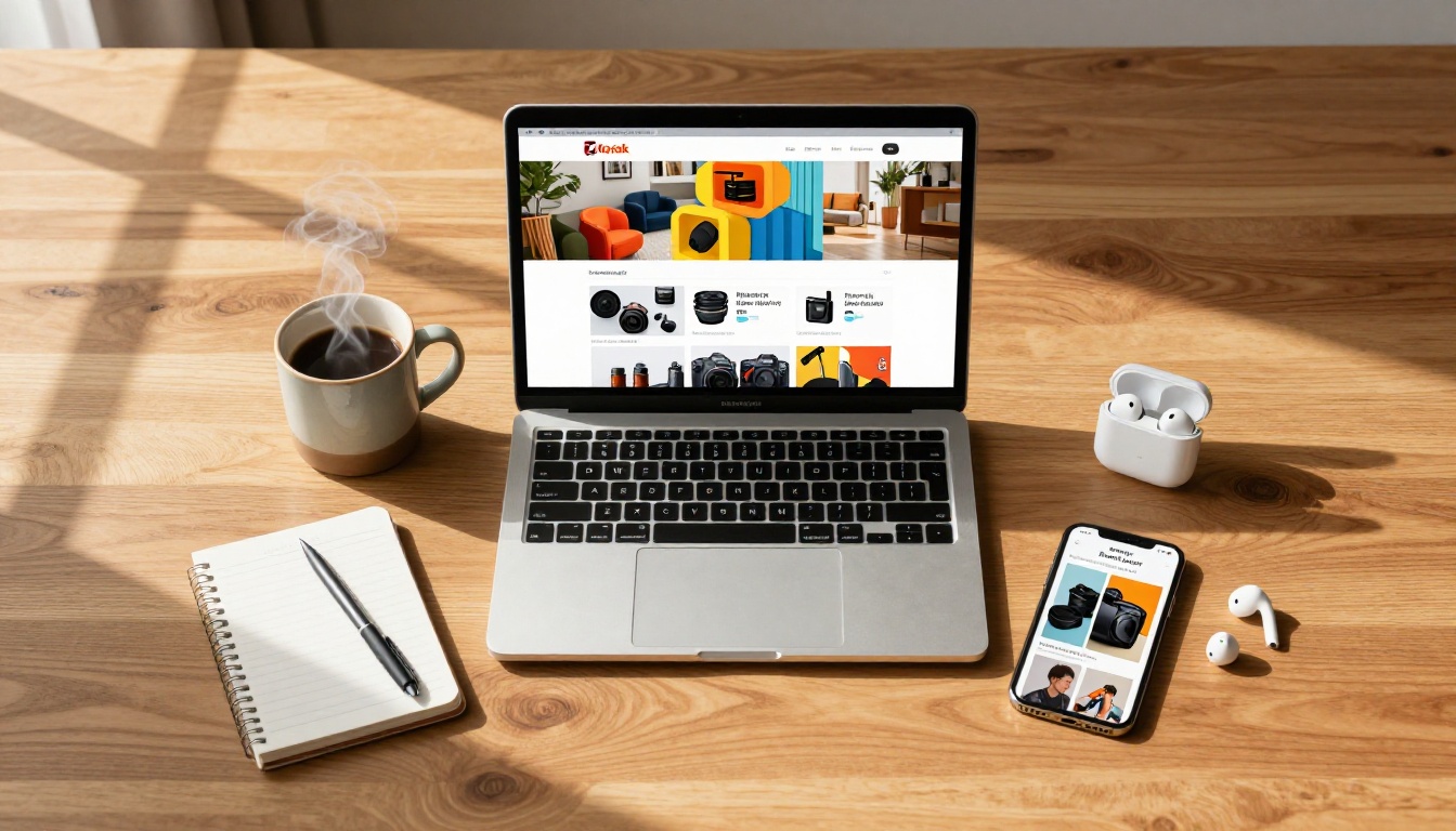 Overhead flat lay of MacBook showing an e-commerce product catalog flipbook surrounded by product samples, coffee, and a smartphone on warm oak
