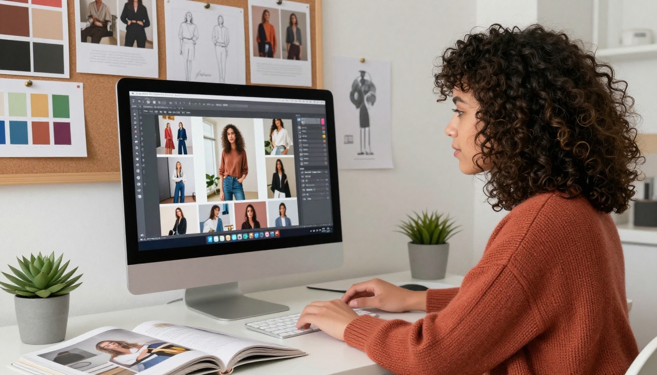 Creative professional with curly hair in a terracotta sweater designing a lookbook flipbook on an iMac in a bright creative studio