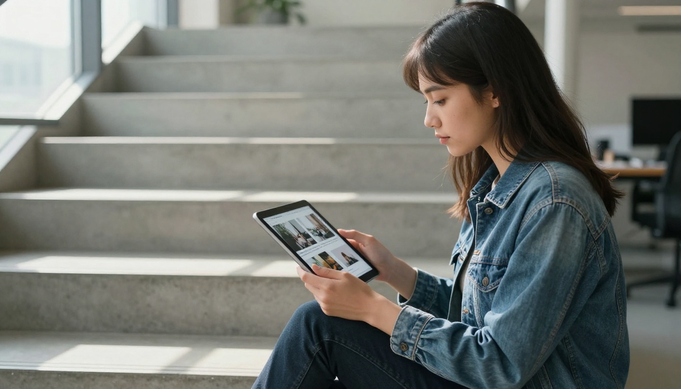 A young female photographer reviewing her digital portfolio on a tablet while seated in a bright modern building