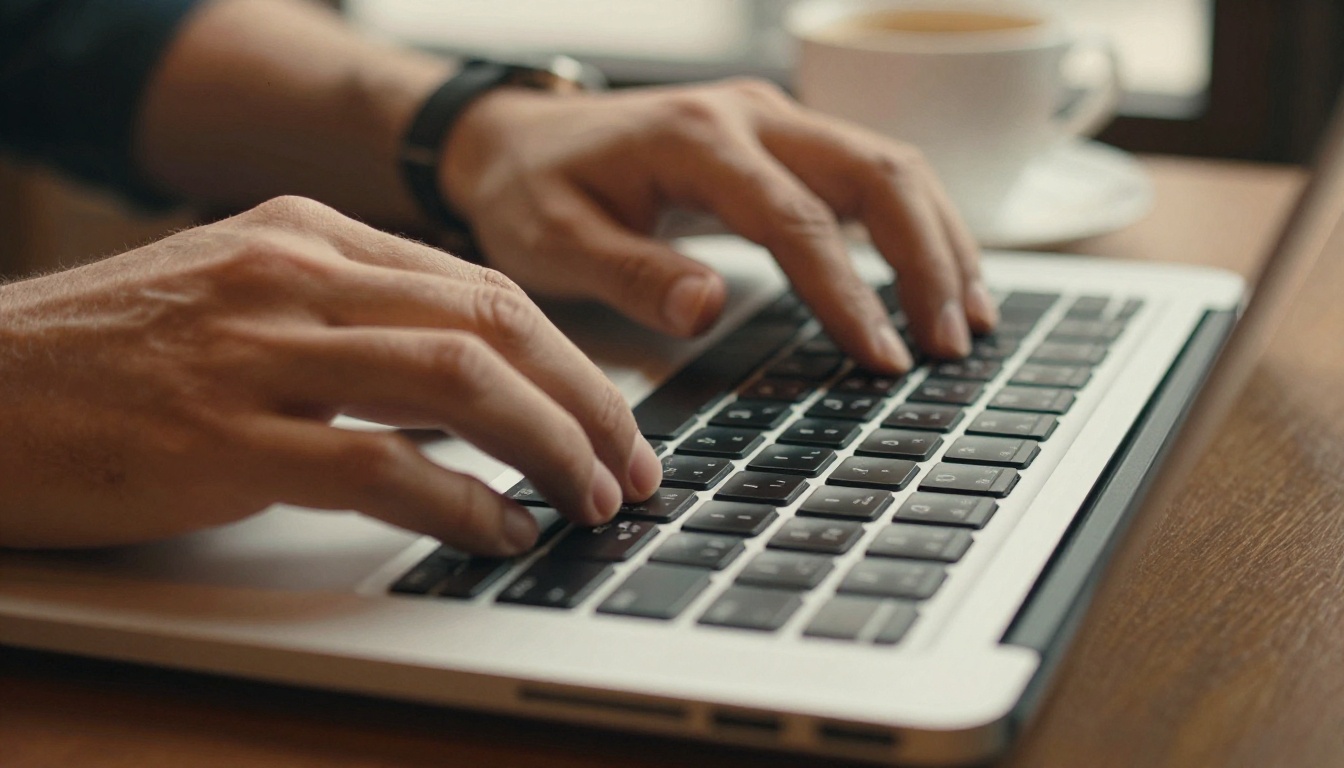 Close-up of hands typing on a silver laptop keyboard with a sleek online portfolio visible on the screen