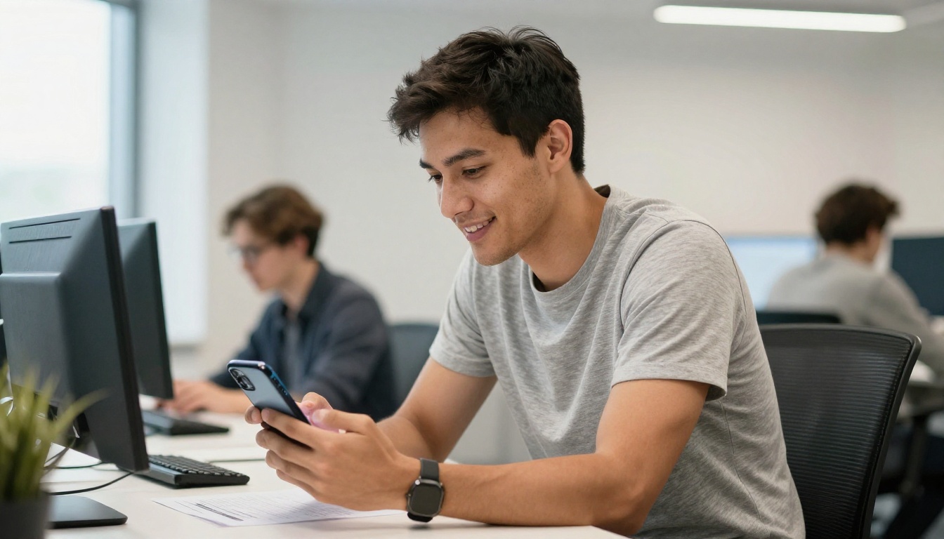 A male UX designer sharing his portfolio link via smartphone in a bright modern office environment