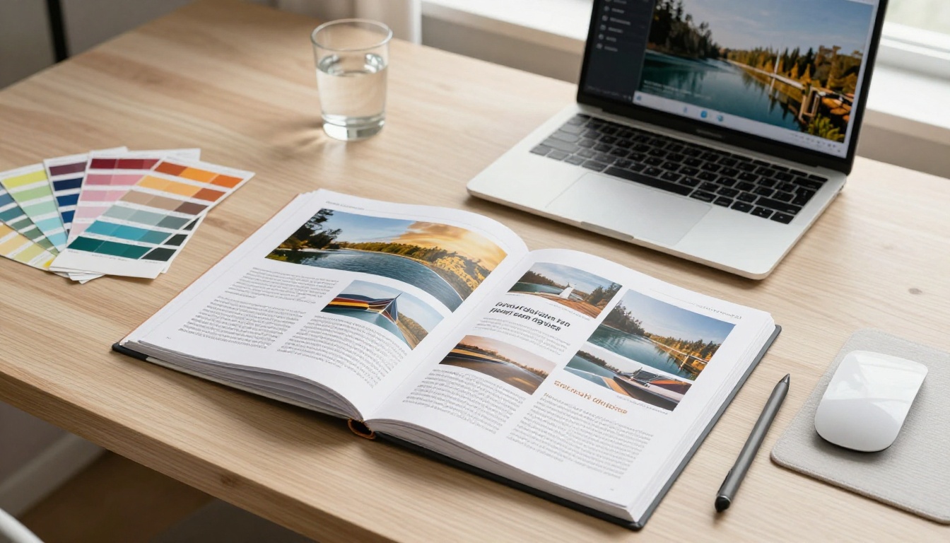 Flat lay aerial view of a designer's workspace with an open printed portfolio, laptop showing digital flipbook, and design materials on a light oak desk