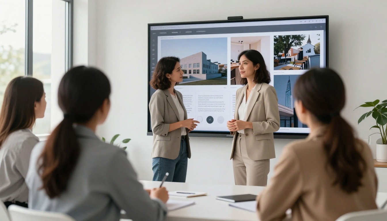 A female creative director presenting her digital portfolio on a large monitor during a client meeting in a bright modern boardroom
