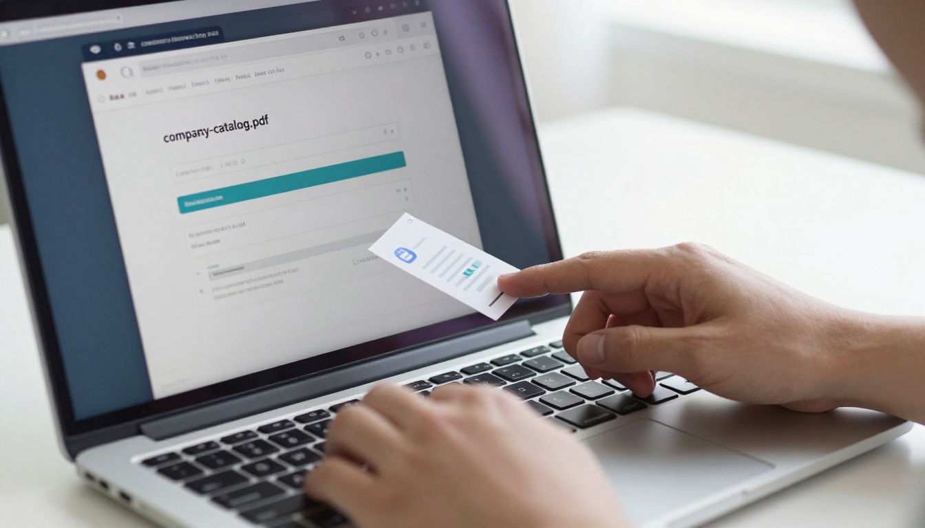 Close-up of a person's hands dragging a PDF file into a browser upload interface on a laptop