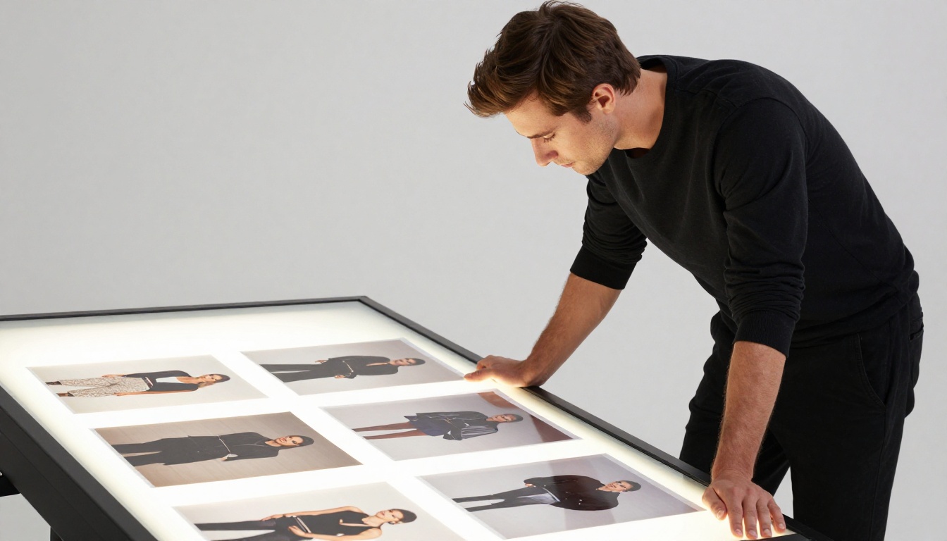 A fashion photographer reviewing a printed lookbook portfolio spread on a large light table in a bright white studio