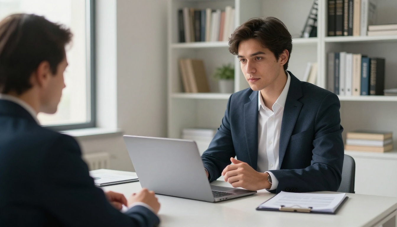 A job interview scene where a young applicant turns a laptop toward a hiring manager to show his online portfolio