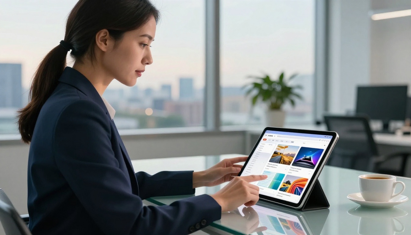 A confident businesswoman reviewing a digital flipbook catalog on an iPad in a bright modern office with floor-to-ceiling windows