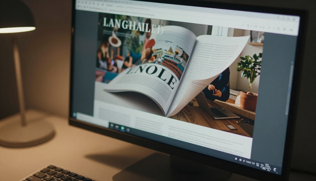 Extreme close-up of a digital page-flip animation mid-turn on a monitor screen with realistic paper curl texture