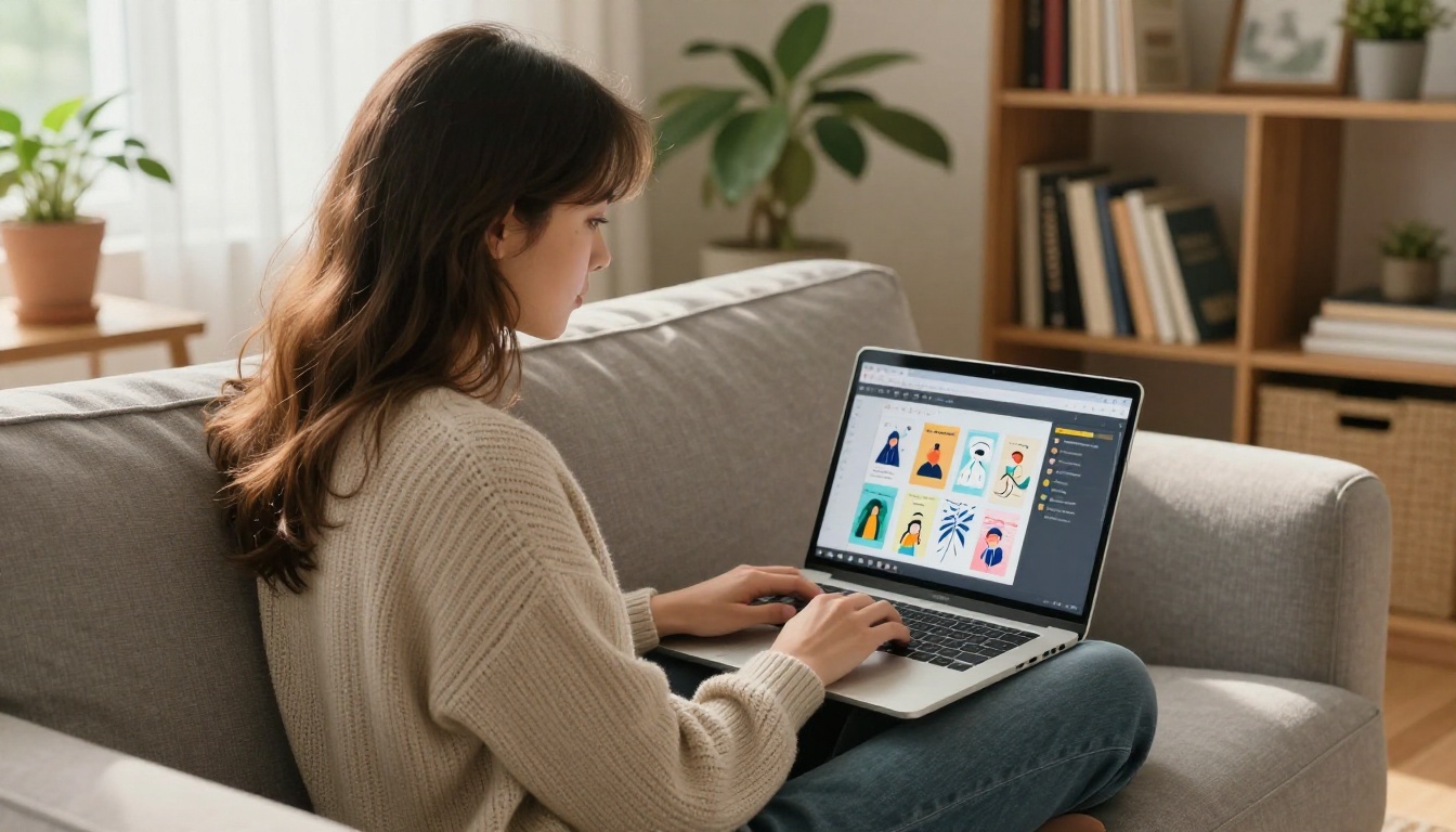 A freelance illustrator sitting cross-legged on a grey sofa at home with a laptop showing a colorful digital portfolio