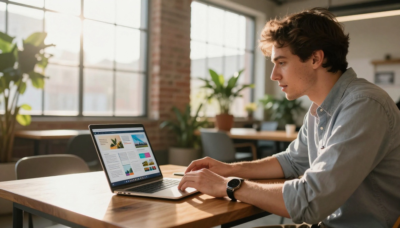 A young entrepreneur presenting a digital brochure flipbook on a MacBook Pro to a colleague in a modern coworking space