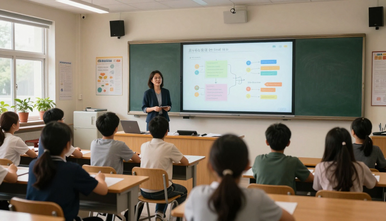 A female teacher presenting a digital interactive flipbook on a large wall-mounted smart display in a bright modern classroom with students in the foreground
