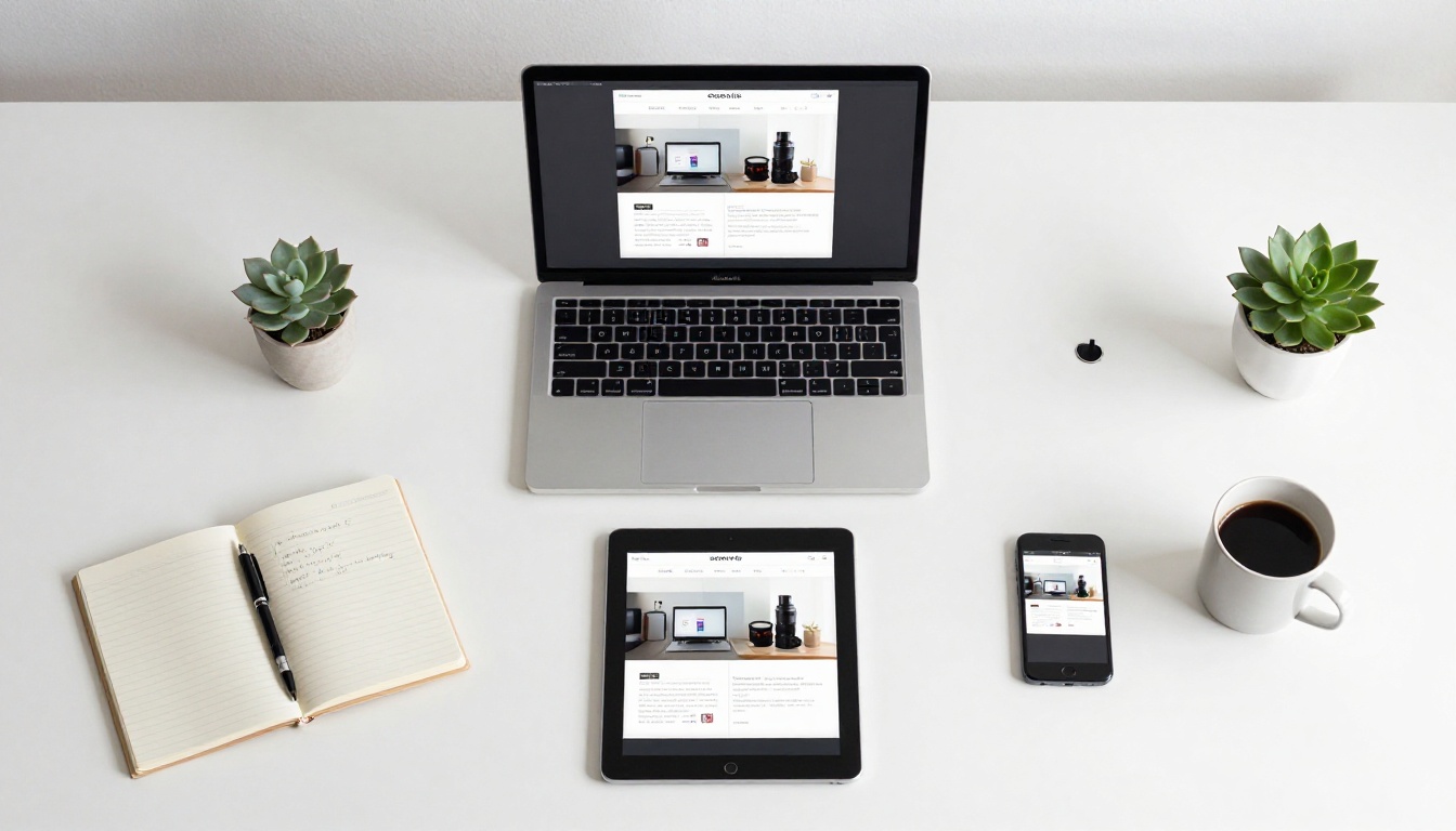 Aerial top-down flat-lay of a minimalist desk with a MacBook, iPad, and smartphone all showing the same flipbook at different pages