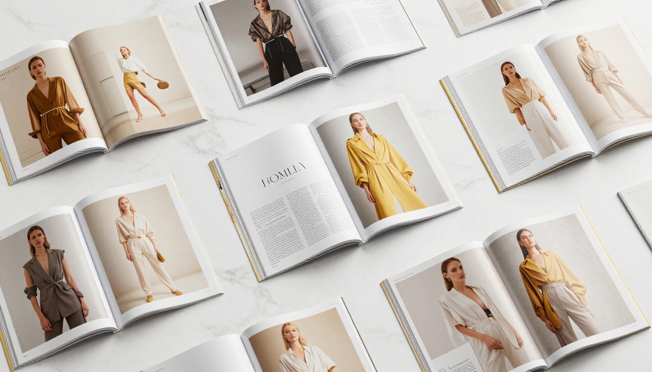 Overhead flat-lay of multiple open fashion magazines on white marble