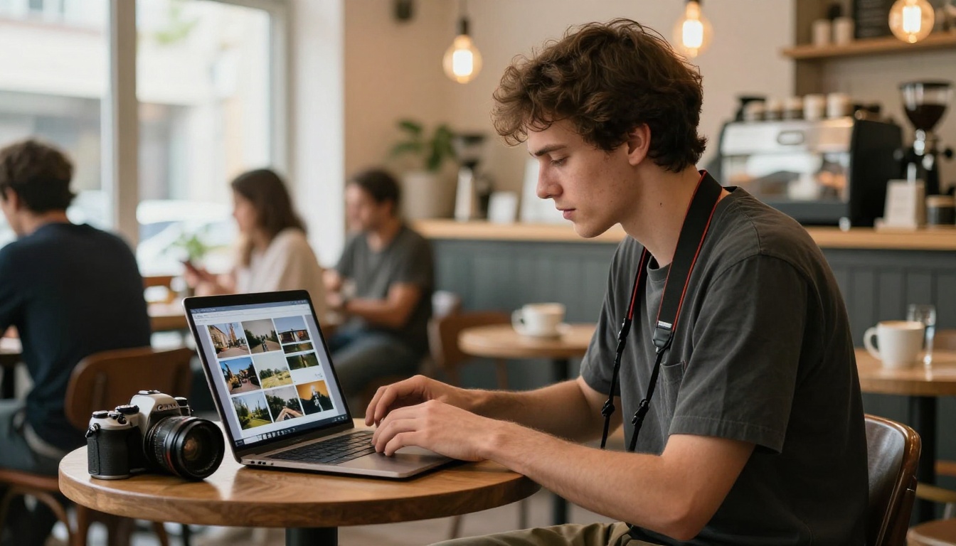 A young photographer with a camera strap reviewing his photography portfolio flipbook on a laptop at a sunny coffee shop table