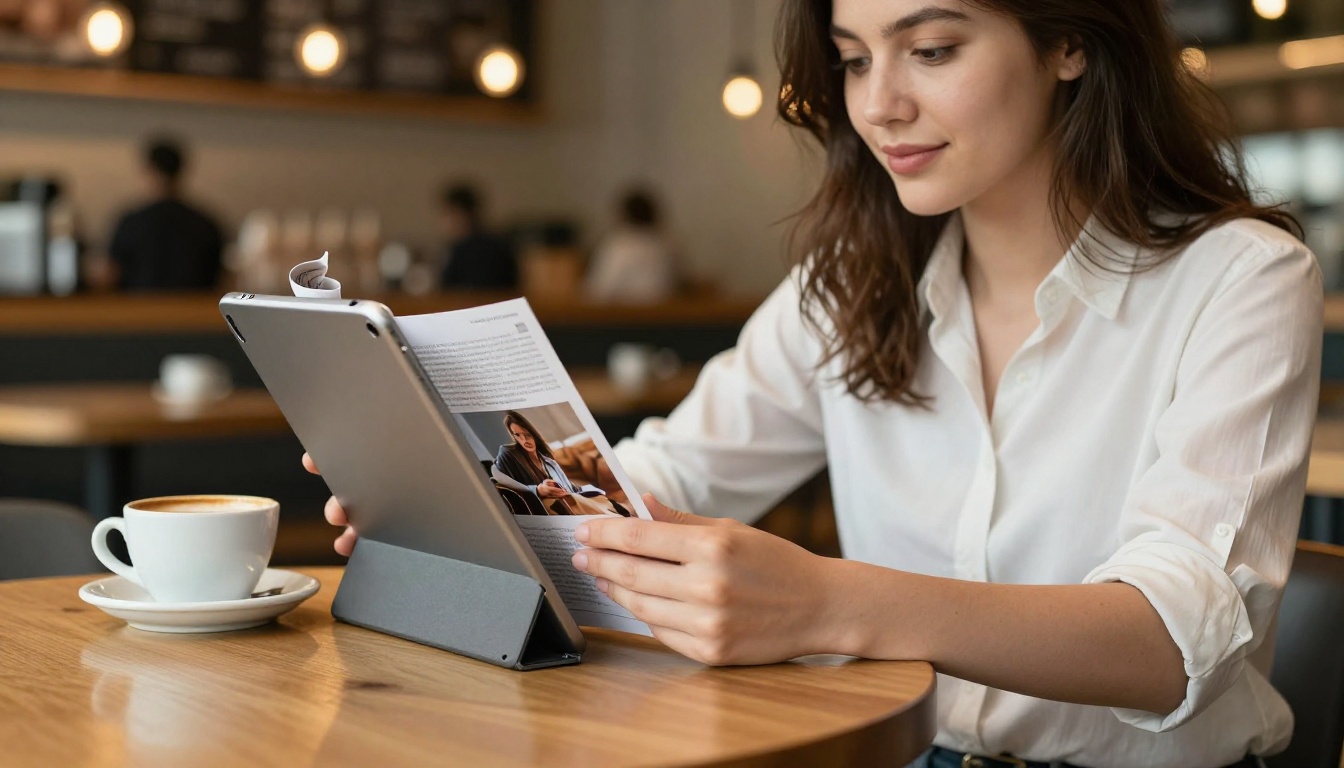 Young woman reading digital magazine flipbook on iPad at a café