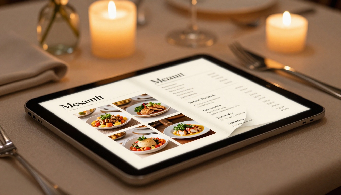 A tablet lying on a restaurant table displaying a beautifully designed digital menu as a flipbook with page-curl animation