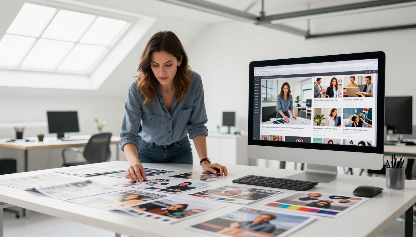 Professional woman creative director reviewing magazine proofs in editorial studio