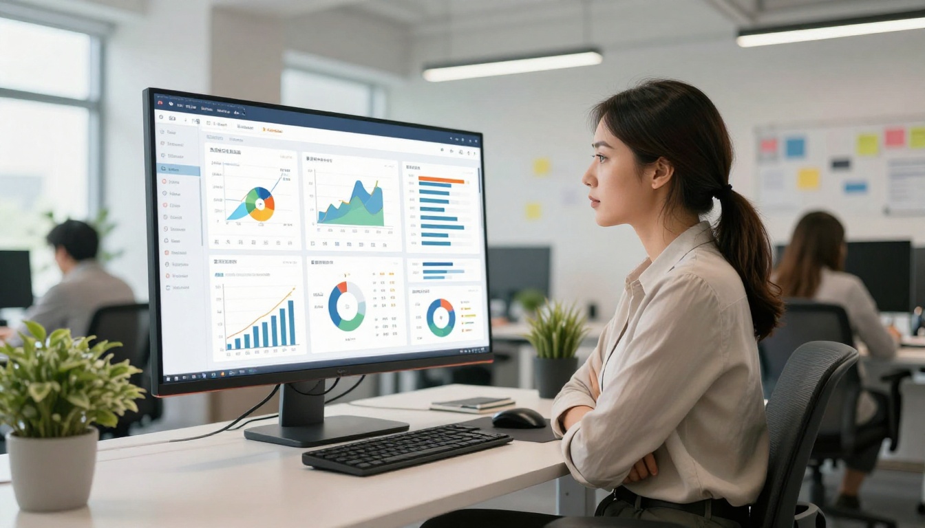 A marketing professional reviewing flipbook engagement analytics on a large ultrawide monitor in a bright open office