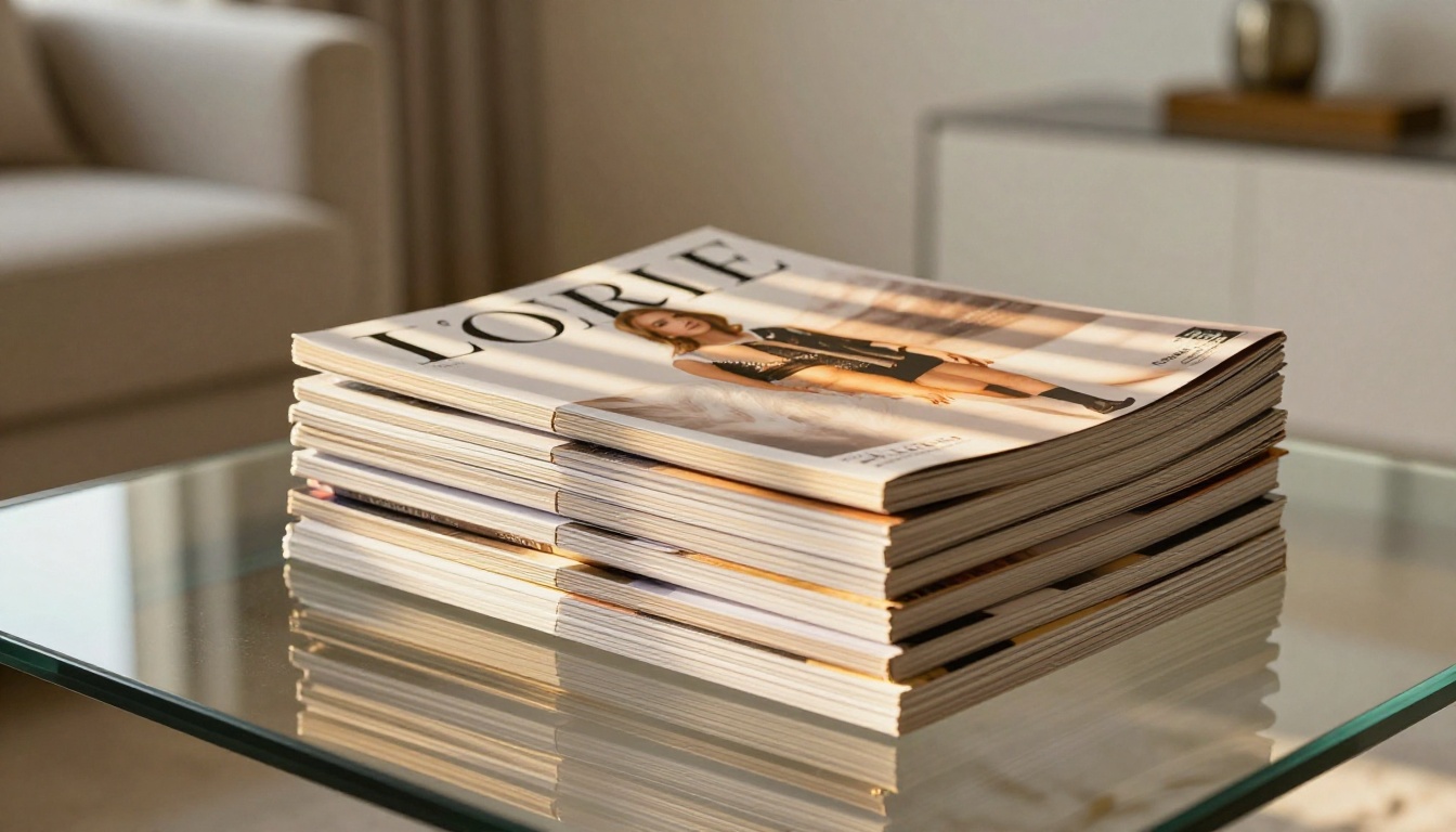 Stack of luxury magazines on a glass coffee table with venetian blind light stripes