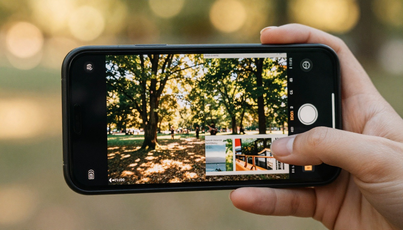 Smartphone being held outdoors showing digital magazine travel editorial spread