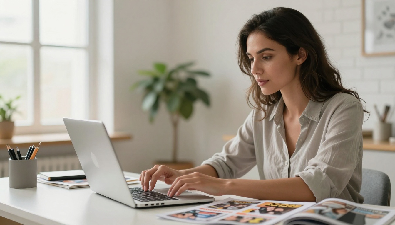 Content creator uploading magazine PDF to laptop at home studio workspace