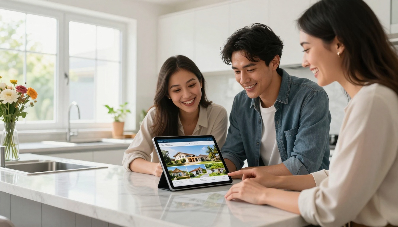 Real estate agent showing digital flipbook to buyers at open house