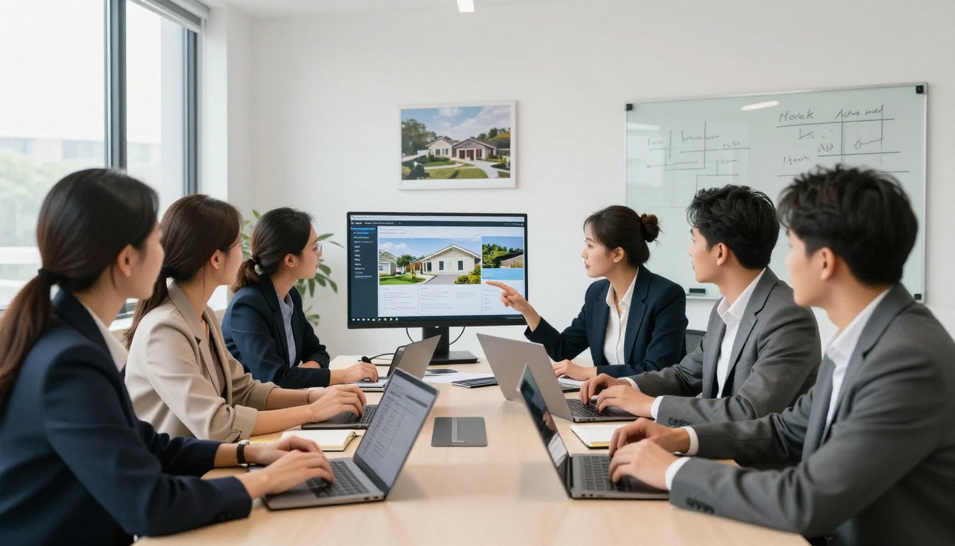 Real estate team reviewing property marketing materials in office meeting