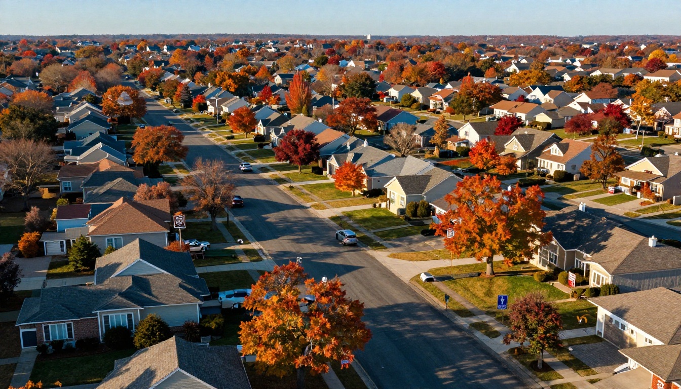 Aerial view of residential neighborhood with homes for sale