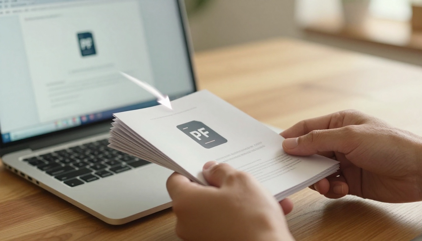 Hands dragging a PDF brochure file toward a laptop upload screen