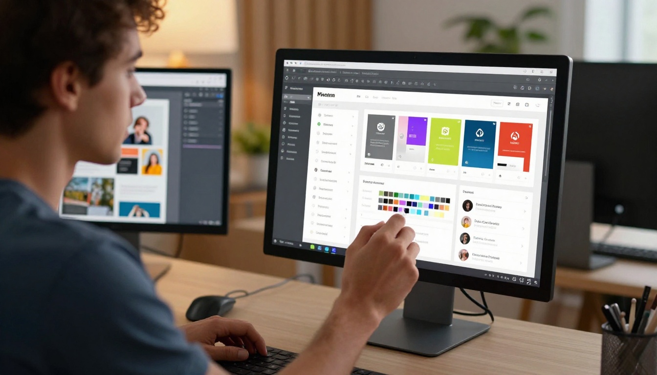 Creative professional adjusting brand colors on digital brochure customization panel