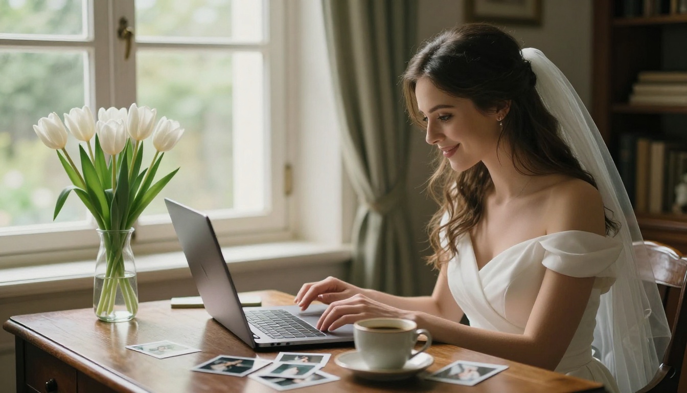 Bride reviewing wedding photos on laptop by sunlit window
