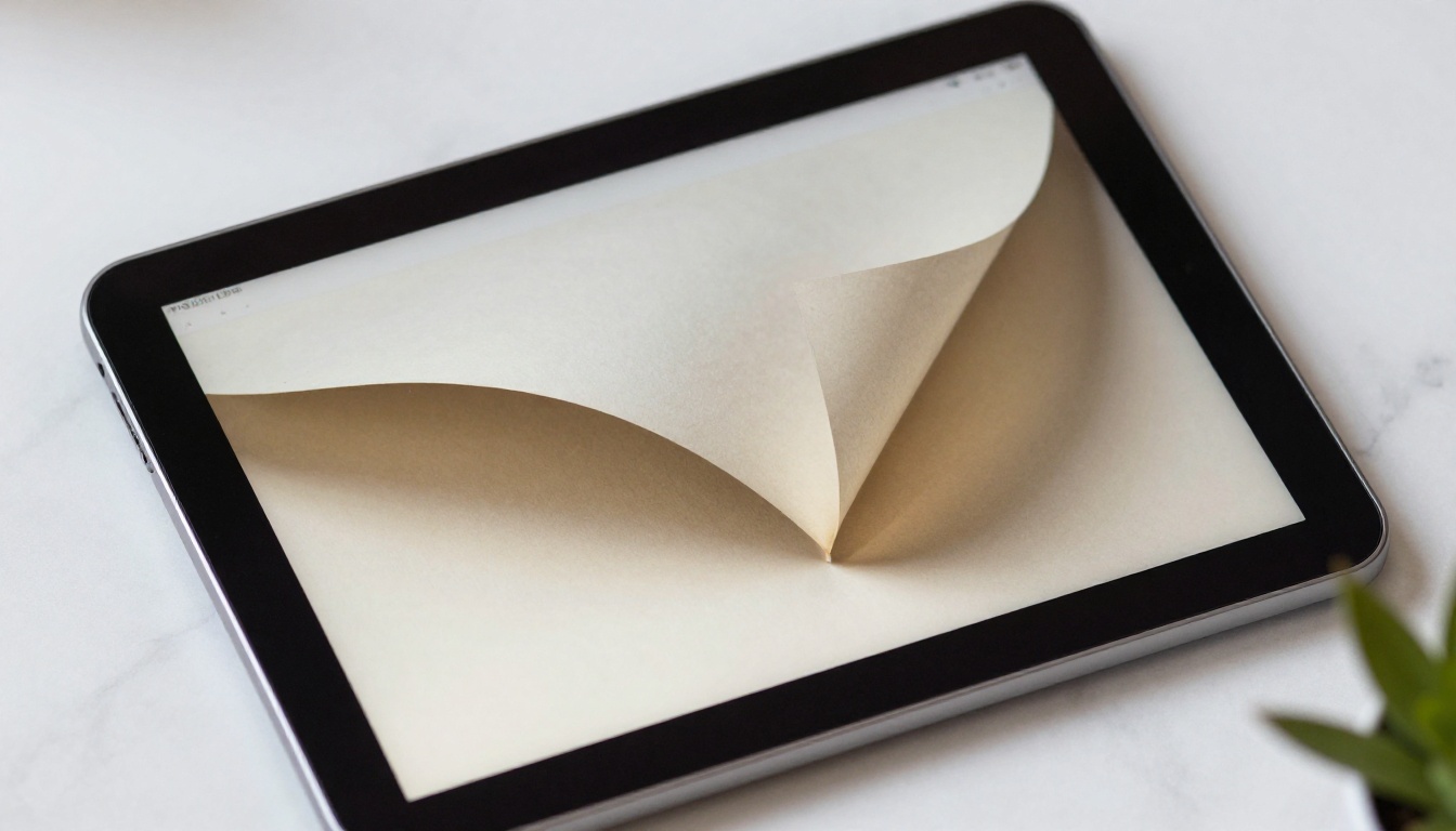 Close-up macro shot of a digital flipbook page curl on tablet screen
