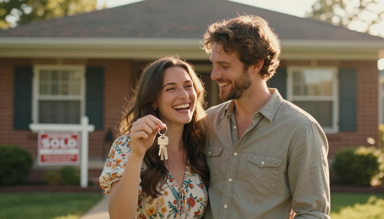 Happy couple holding house keys after home purchase with sold sign