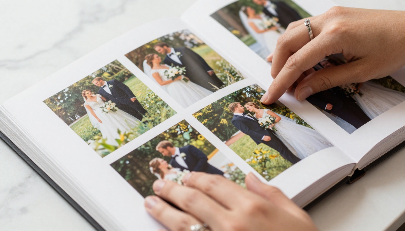 Hands turning pages of a wedding photo album on marble surface