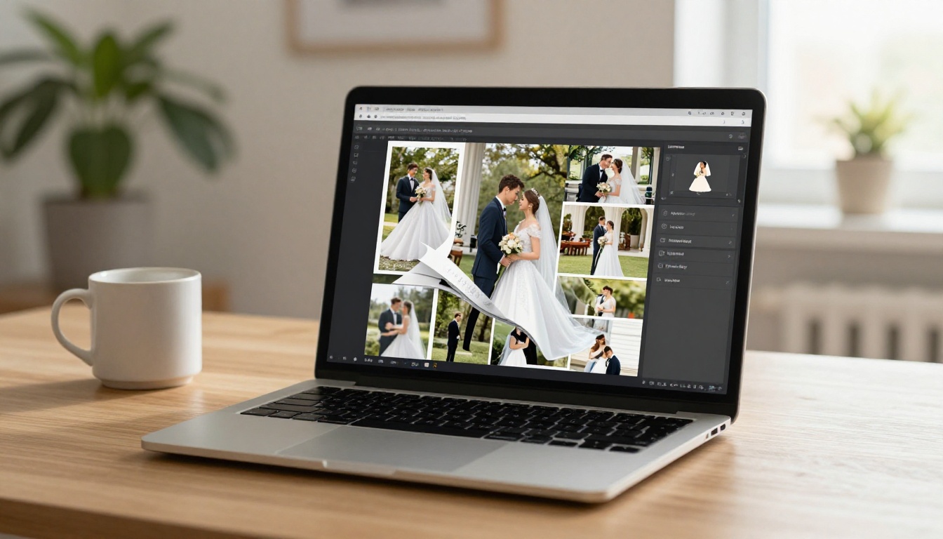Laptop showing digital flipbook interface with wedding photos