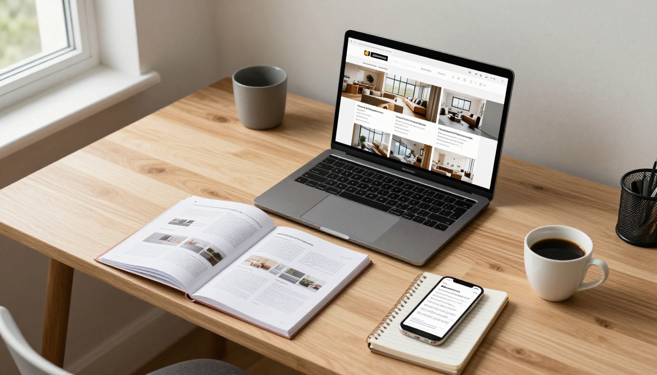 Real estate agent workspace with laptop showing property listing and digital tools
