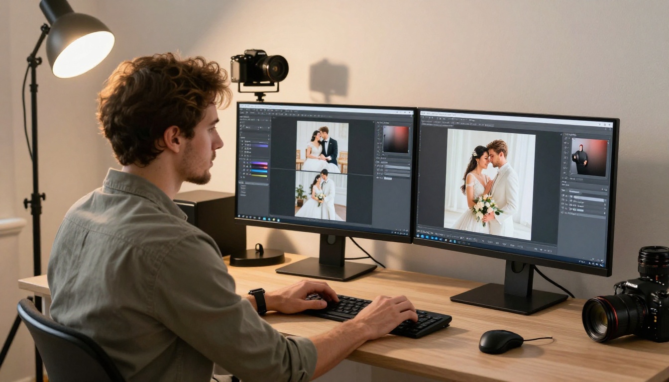 Wedding photographer organizing photos at editing workstation