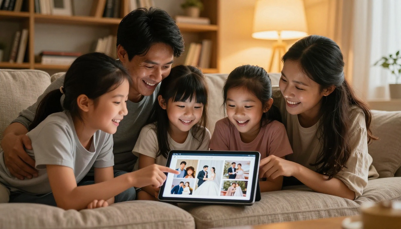 Family laughing together viewing wedding flipbook on tablet