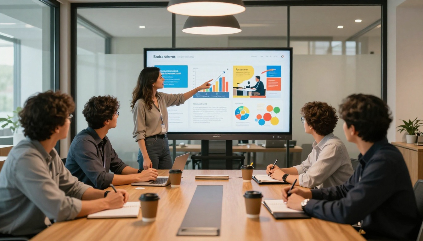 Diverse marketing team reviewing interactive brochure on large conference room screen