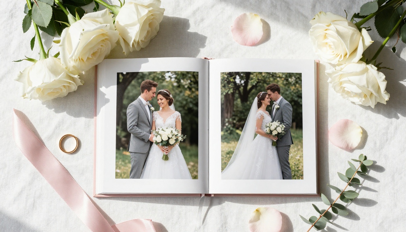 Overhead flat lay of open wedding album with flowers and rings