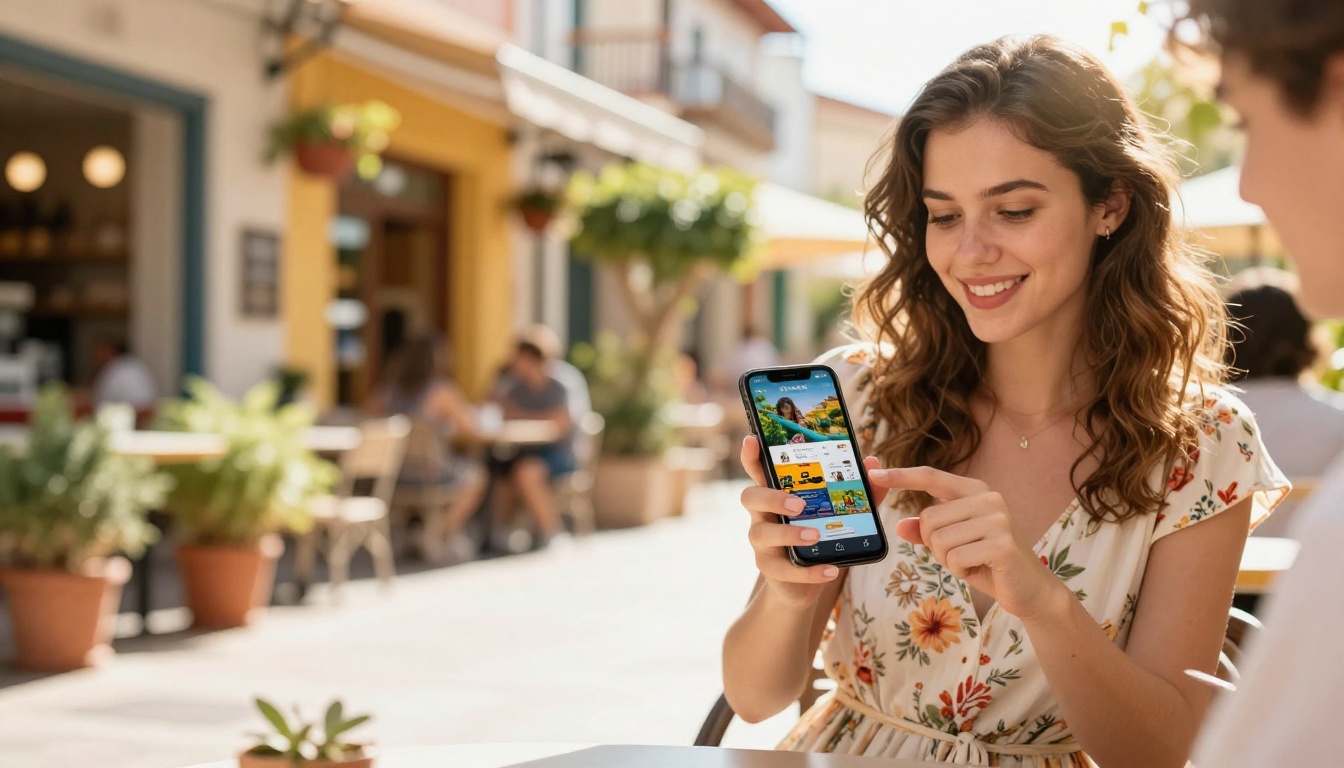 Young woman browsing an interactive brochure on smartphone at a sunny outdoor cafe
