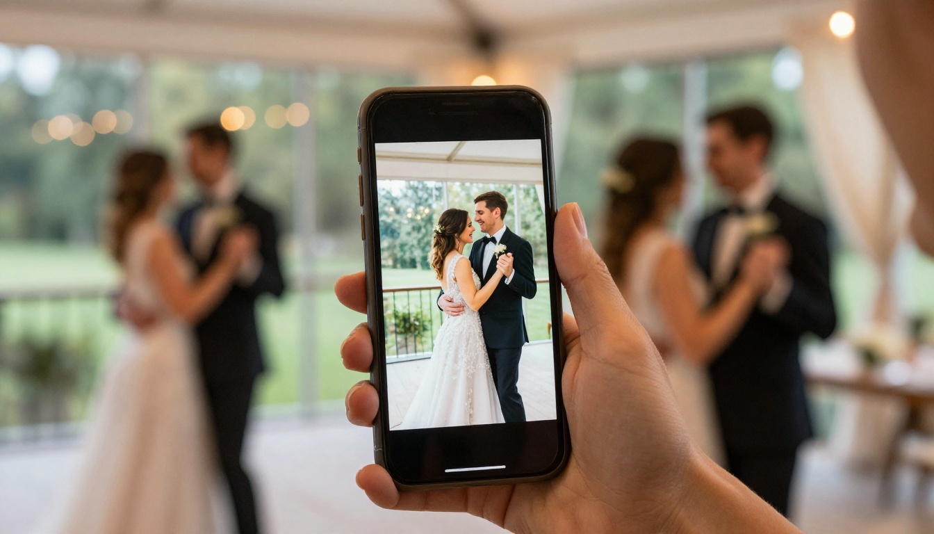 Wedding guest smiling while viewing digital album on smartphone