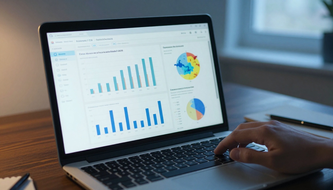 Close-up of laptop screen showing brochure reader analytics dashboard with charts and metrics