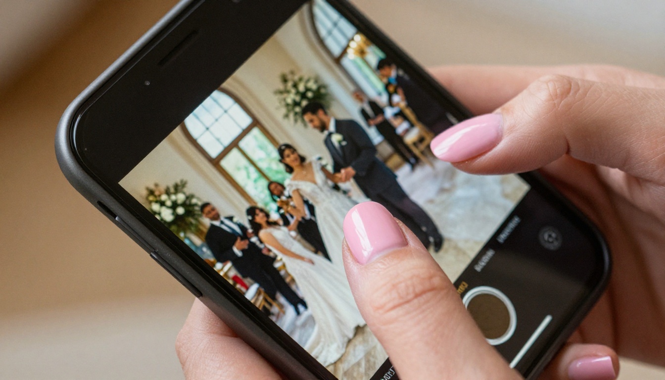 Hand scrolling through wedding flipbook on smartphone with page flip